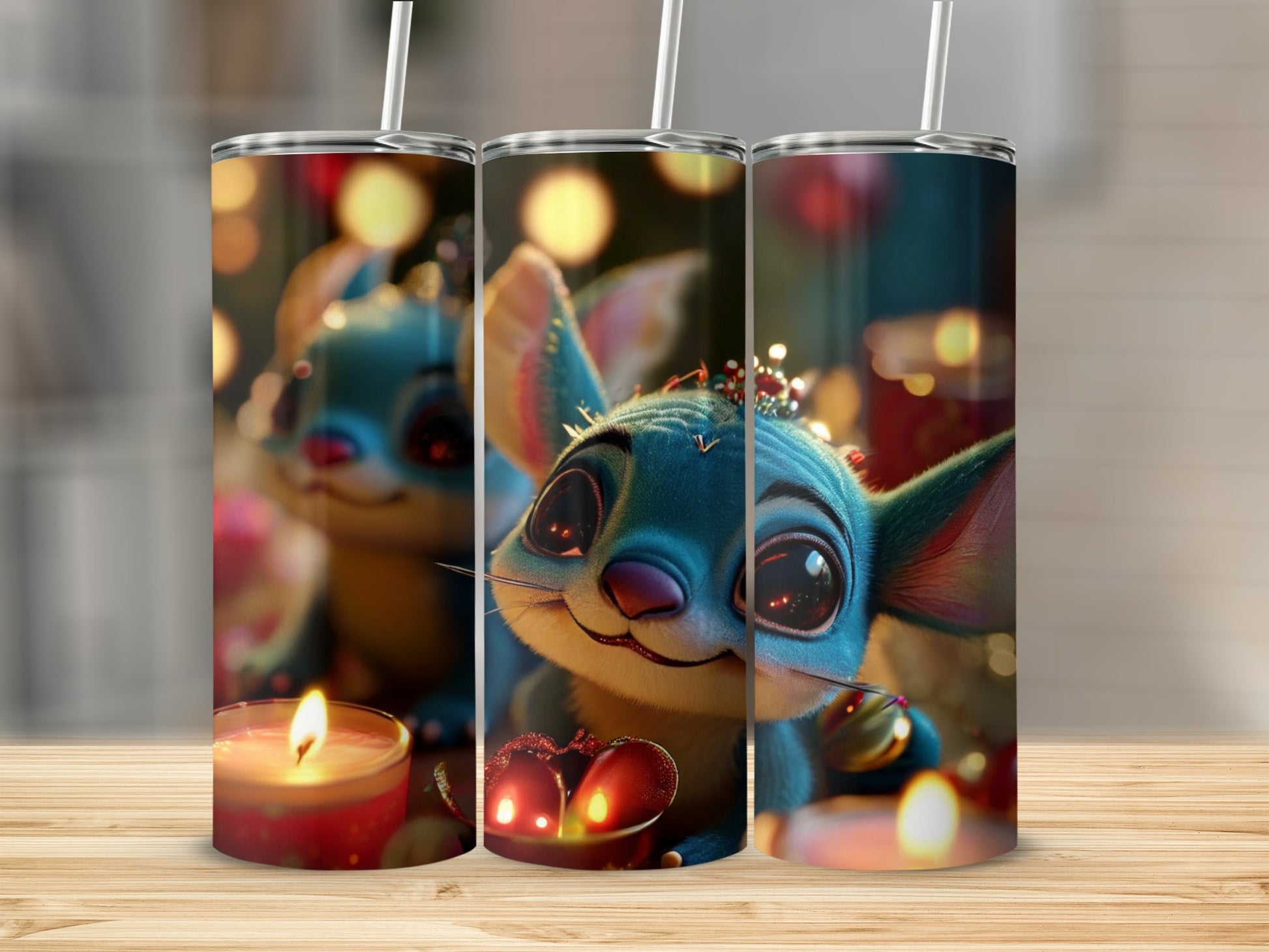 Stitch character with candles and bokeh lights on a tumbler.
