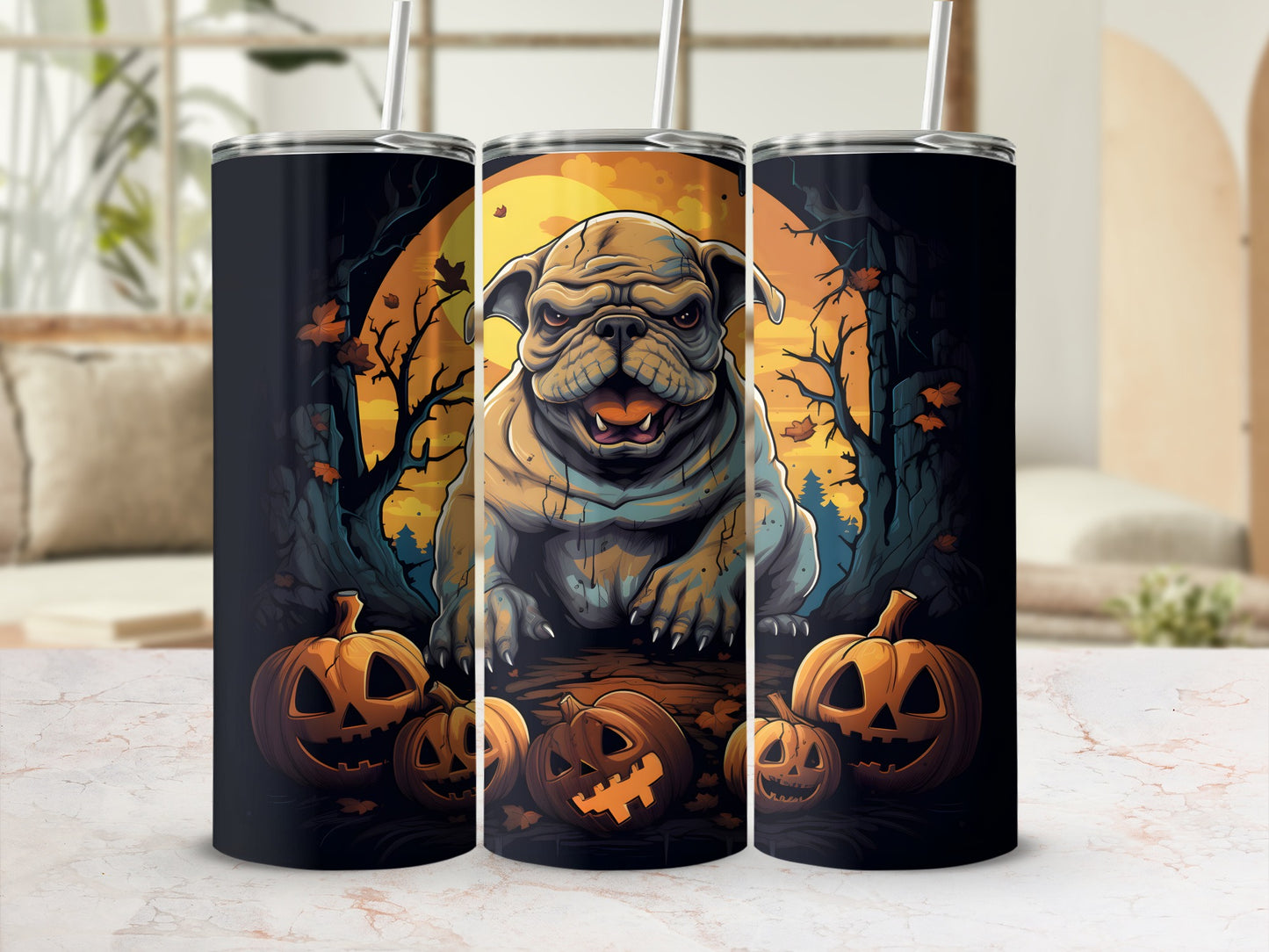 Bulldog on a Halloween tumbler with pumpkins and a full moon background.