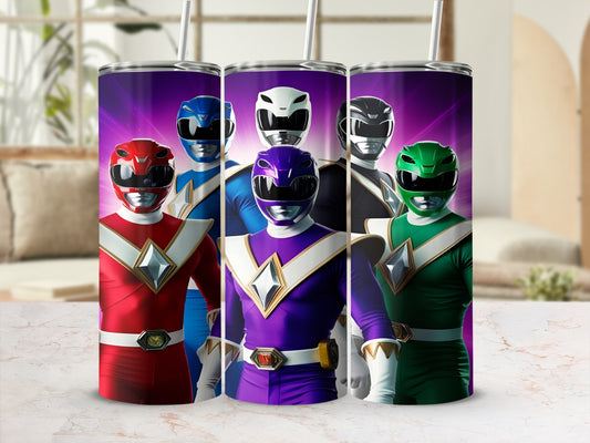 Five Power Rangers in colorful suits stand heroically.