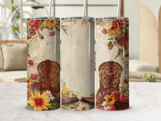 Cowboy boots with floral and distressed wood patterns on a tumbler.
