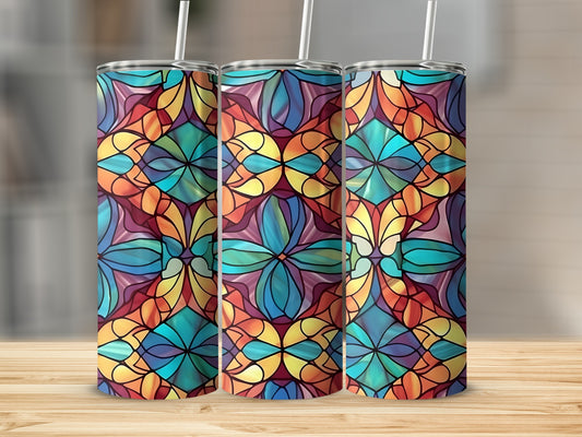 Three tumblers with a colorful stained-glass floral pattern.