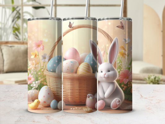 Easter bunny, basket of eggs, and spring flowers on a tumbler.