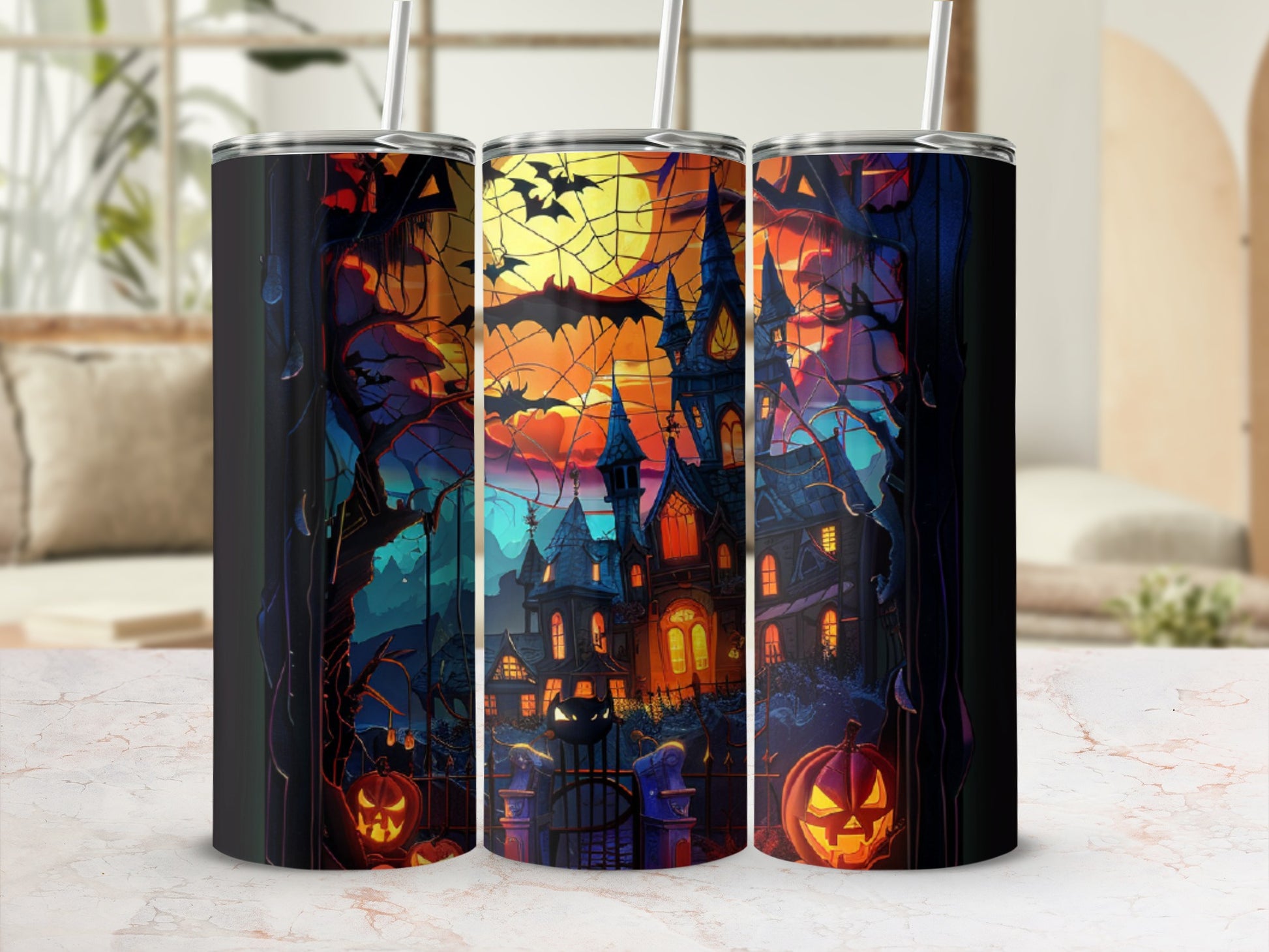 Spooky haunted mansion with pumpkins and bats on a dark Halloween night.