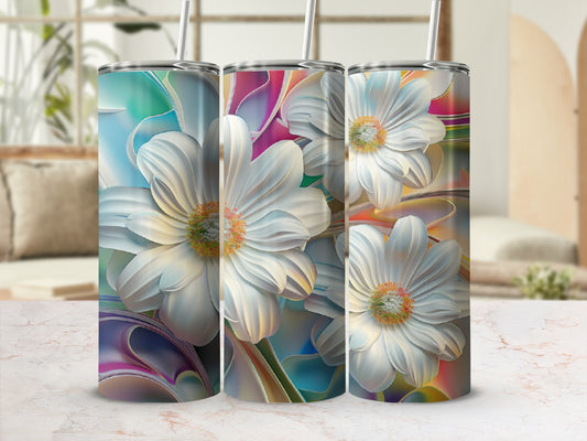 Three white flowers with colorful abstract backgrounds on tumblers.