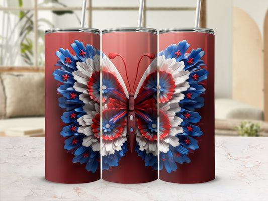 Red tumbler with patriotic butterfly wings design.
