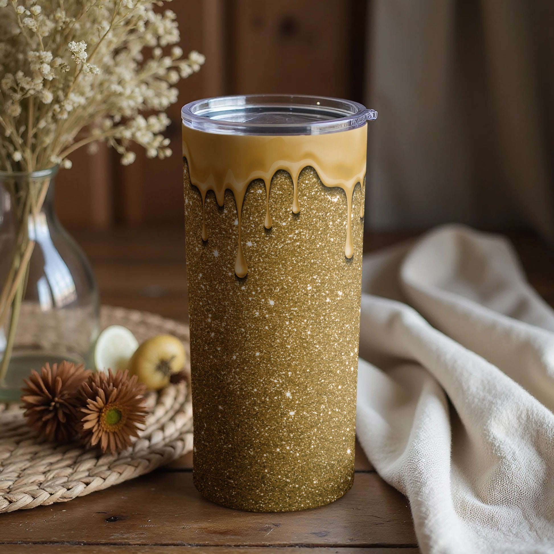 Sparkling Gold Tumbler for Drinks with Drip Design