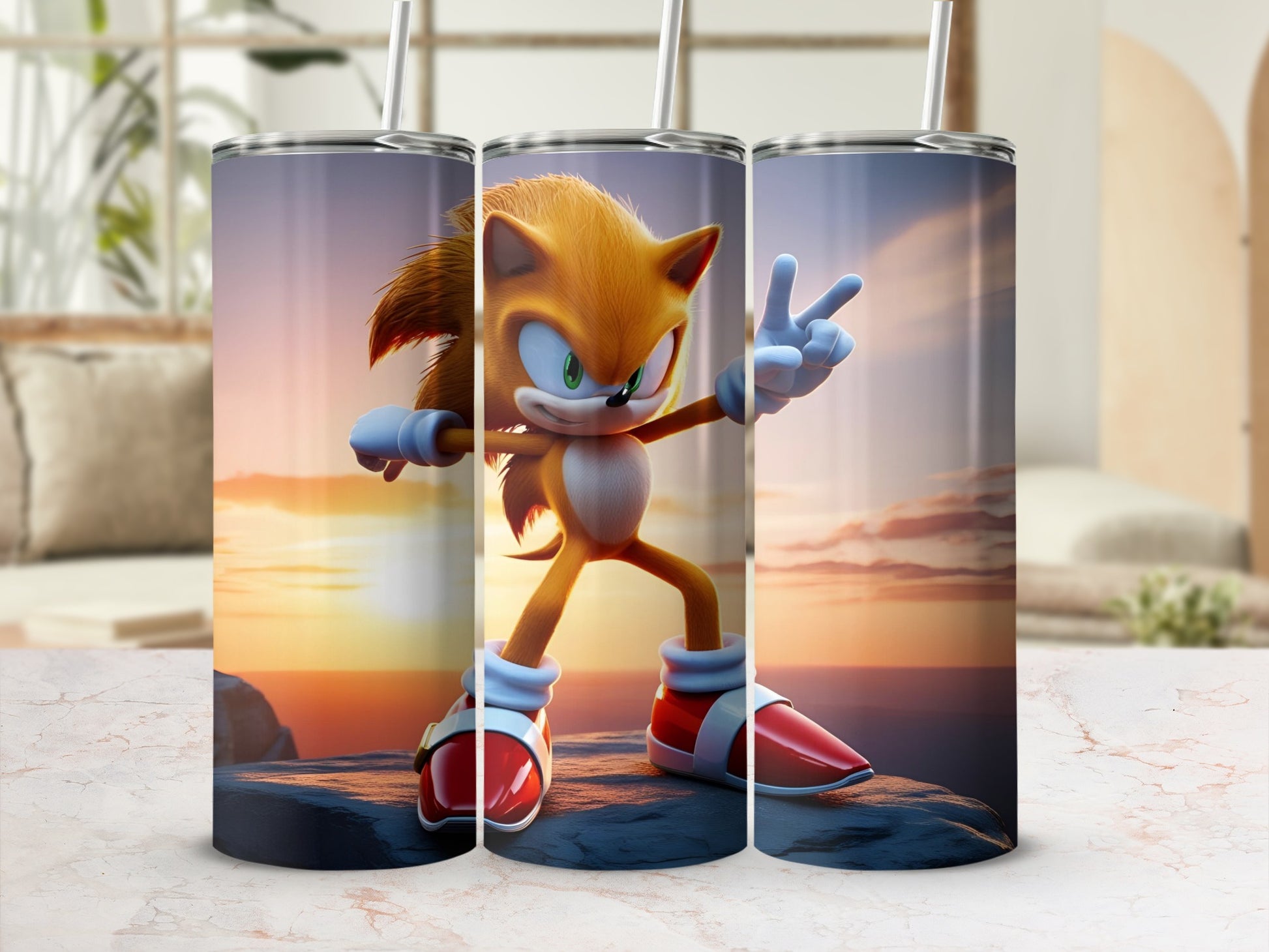 Sonic the Hedgehog standing on rocks at sunset, giving a peace sign.