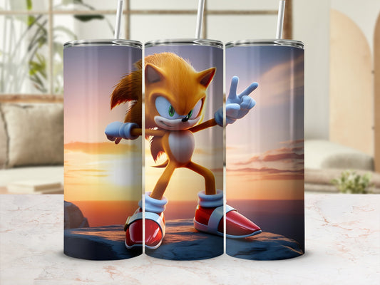 Sonic the Hedgehog standing on rocks at sunset, giving a peace sign.