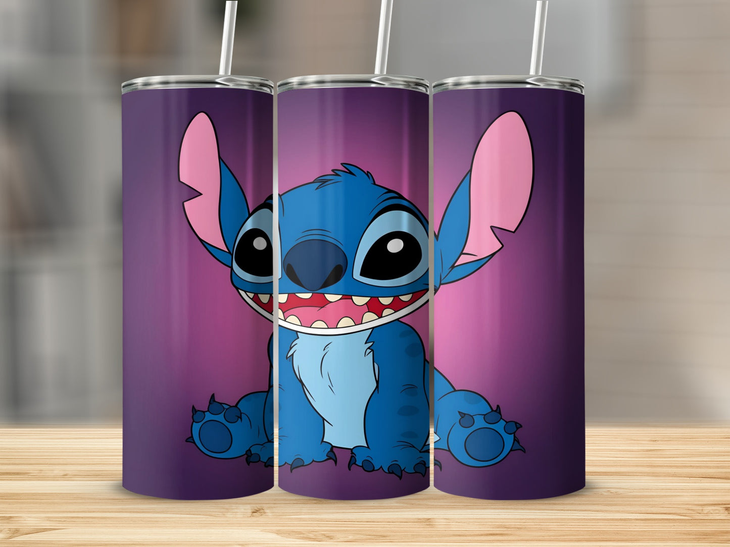 Stitch character on three purple tumblers with straws.