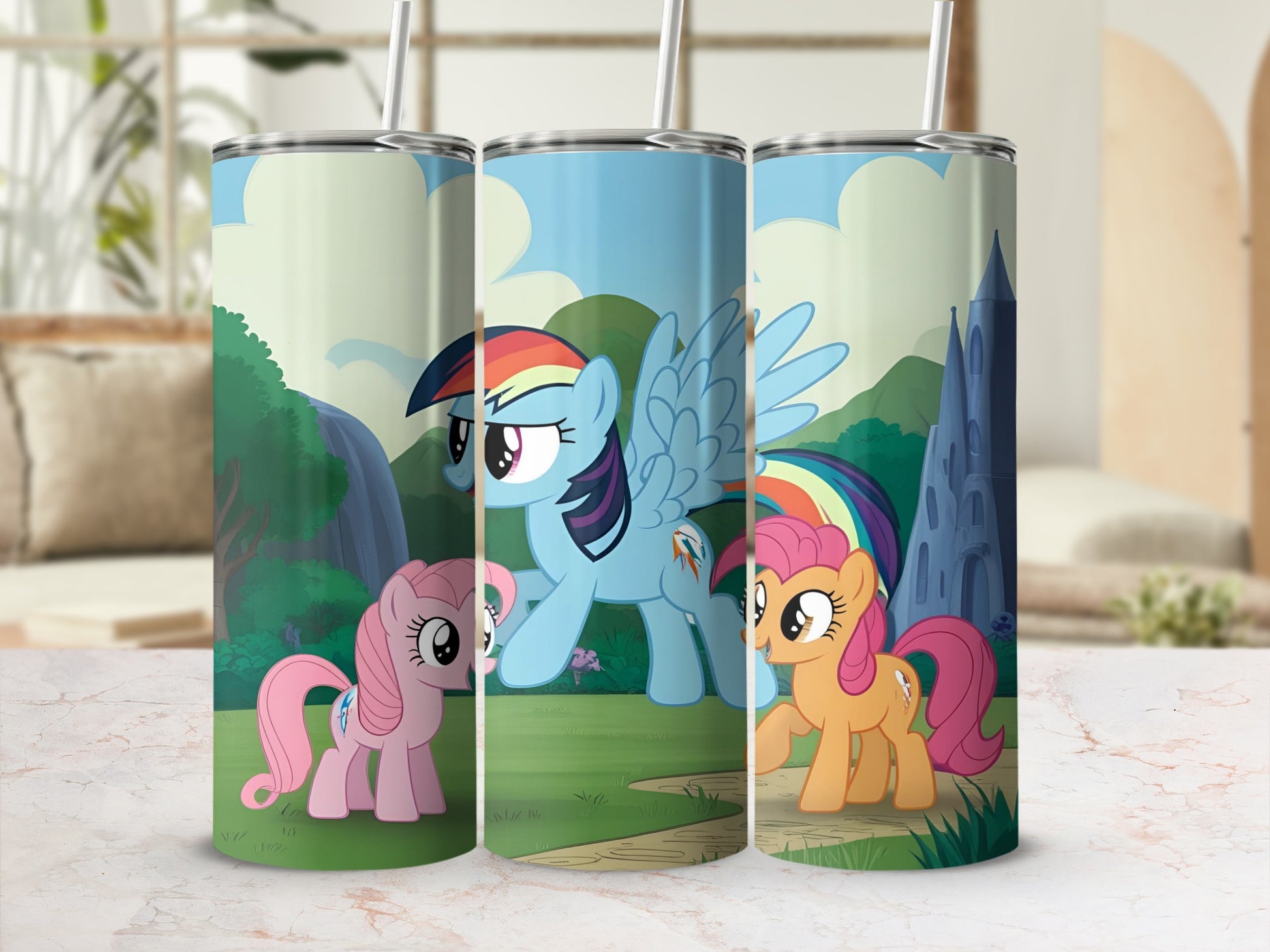 My Little Pony characters Rainbow Dash, Pinkie Pie, and Gilda on tumblers.