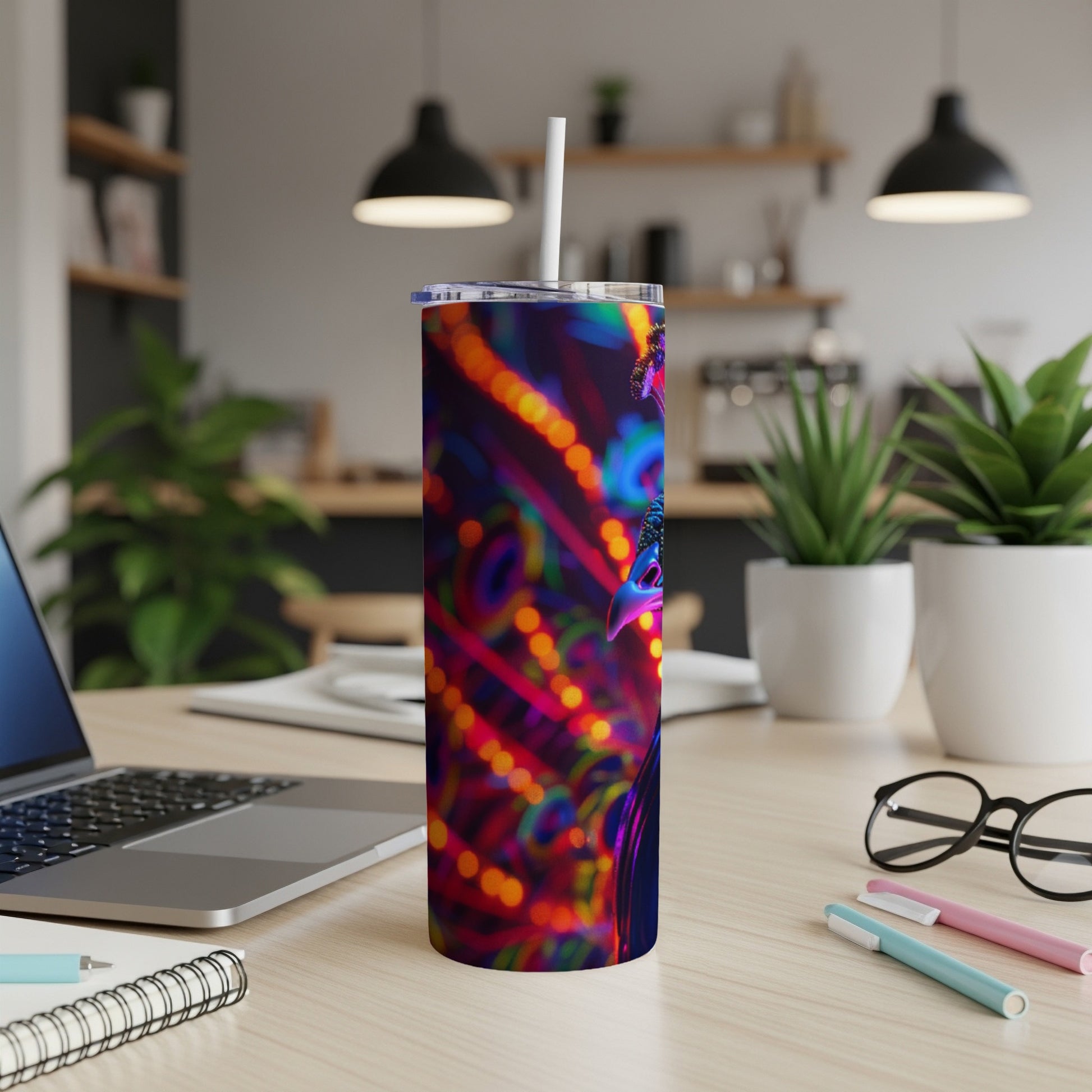 Tumbler with vibrant, blurred neon lights and abstract patterns.