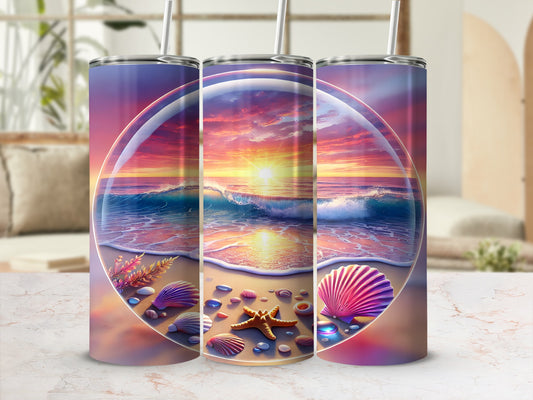 Tumbler with ocean sunset, seashells, and starfish design.