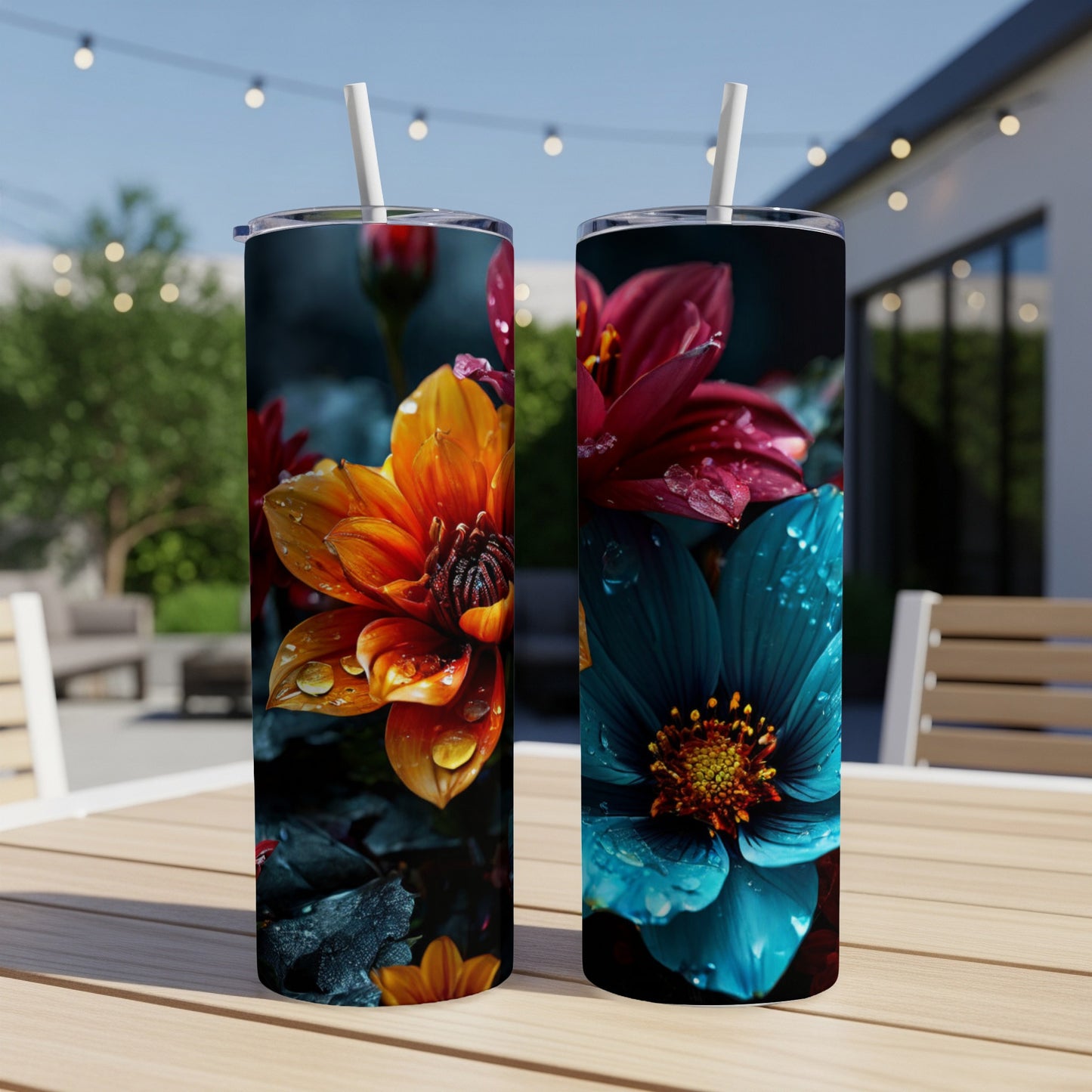 Two tumblers featuring close-ups of blooming dahlias with water droplets.