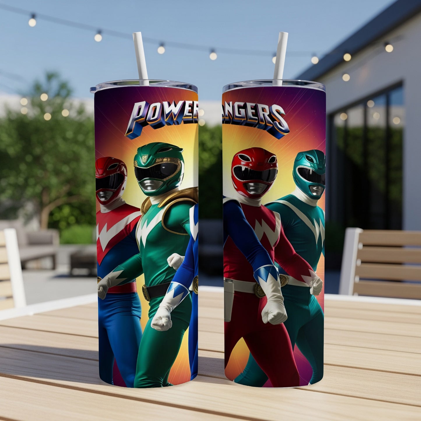 Two Power Rangers tumblers with Green, Red, and Blue Rangers on display.