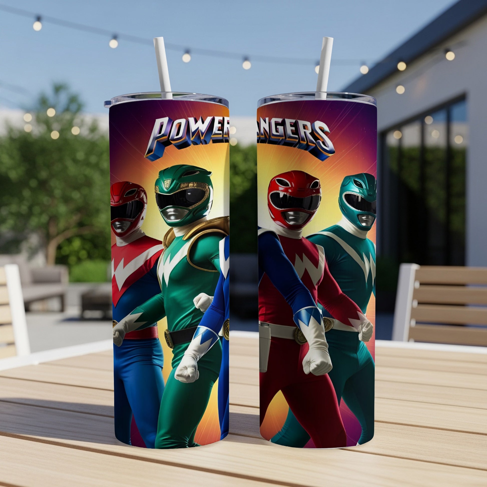 Two Power Rangers tumblers with Green, Red, and Blue Rangers on display.