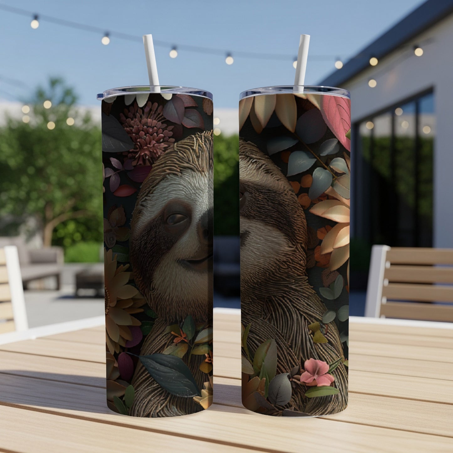 Sloth face with flowers on a white tumbler with a straw.