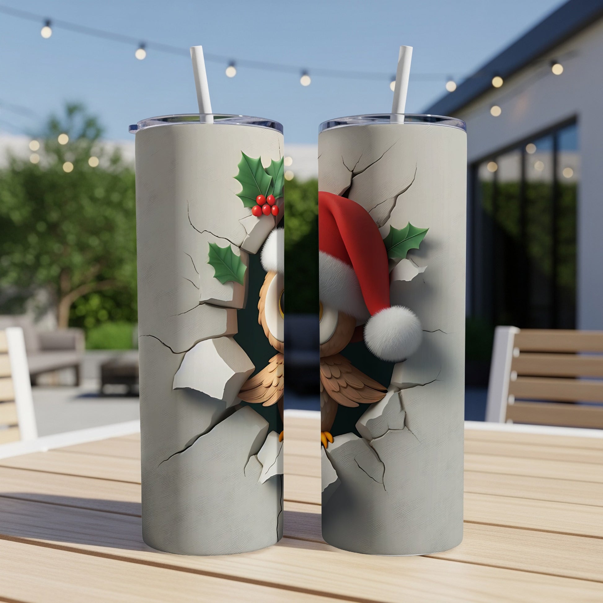 Cracked concrete tumbler with festive owl in Santa hat and holly.