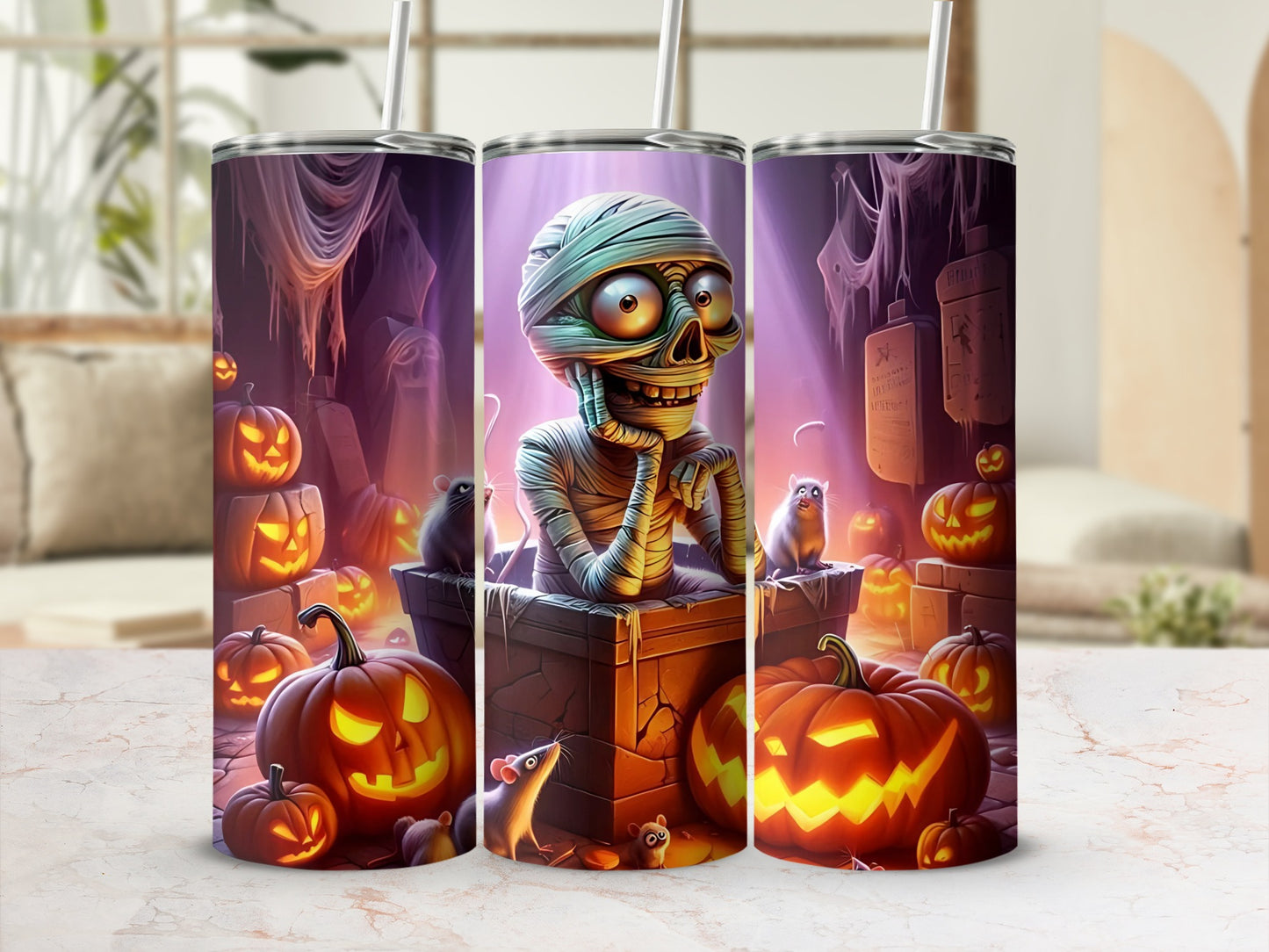 Three tumblers featuring a mummy, pumpkins, and mice in a spooky Halloween scene.
