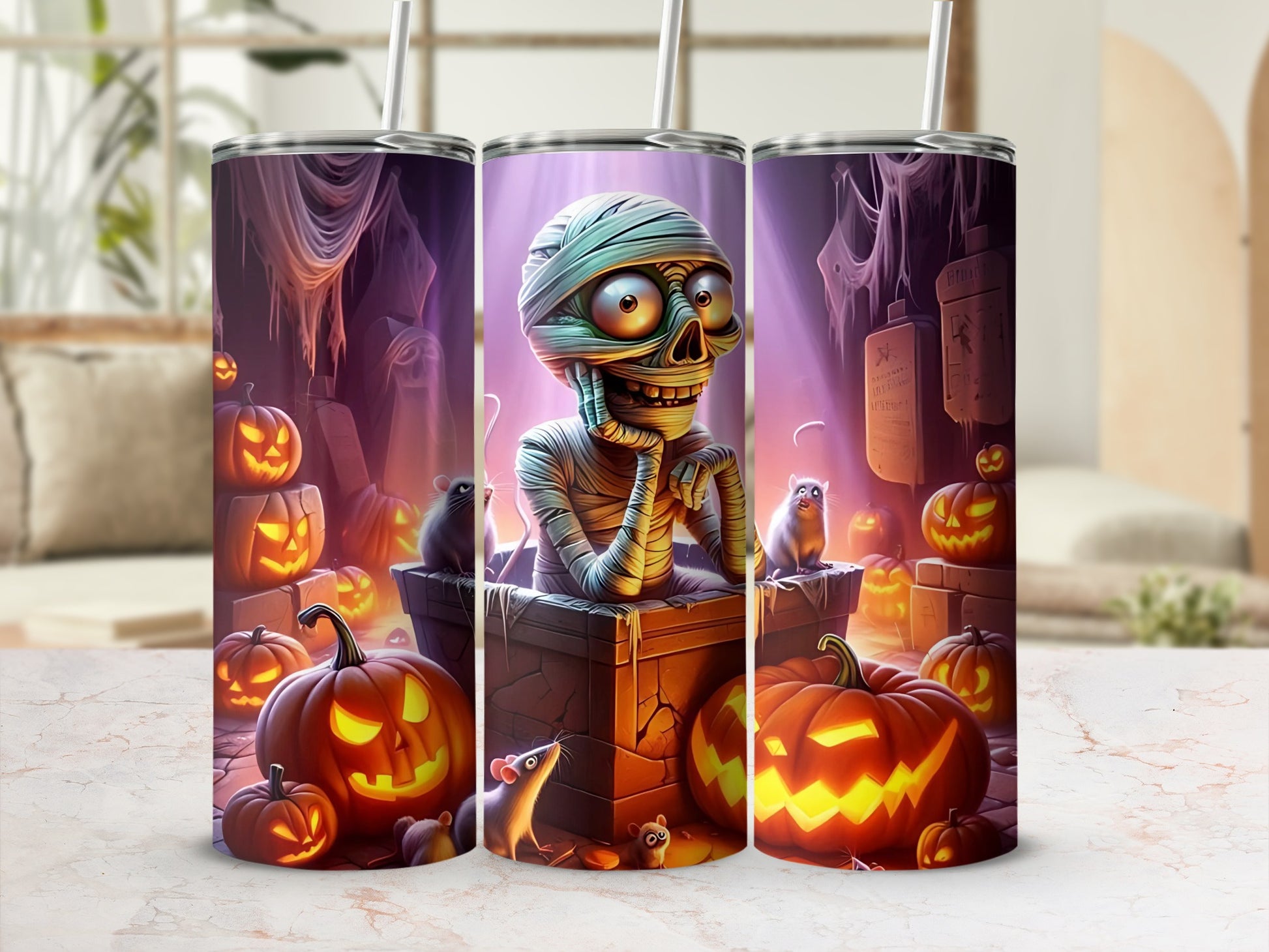 Three tumblers featuring a mummy, pumpkins, and mice in a spooky Halloween scene.