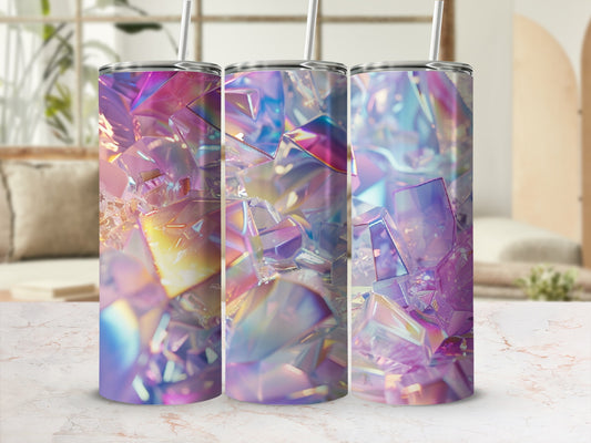 Three tumblers with iridescent, crystalline geometric patterns.