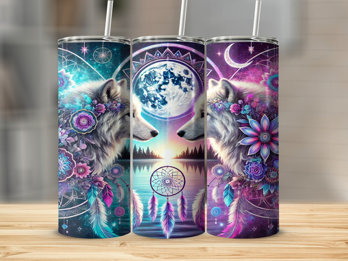 Wolf Dreamcatcher Full Moon Artwork Tumbler Cup
