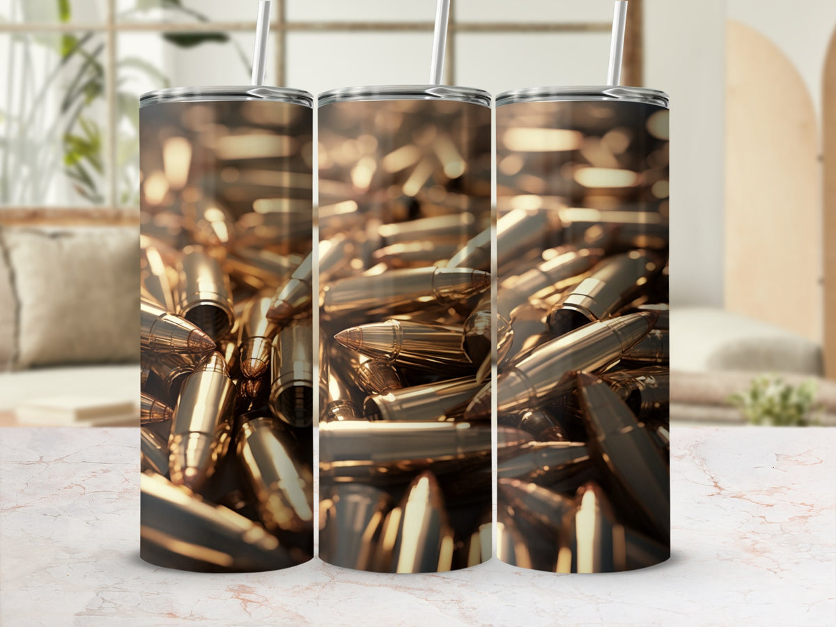 Three tumblers displayed with a pattern of golden bullets against a blurred background.