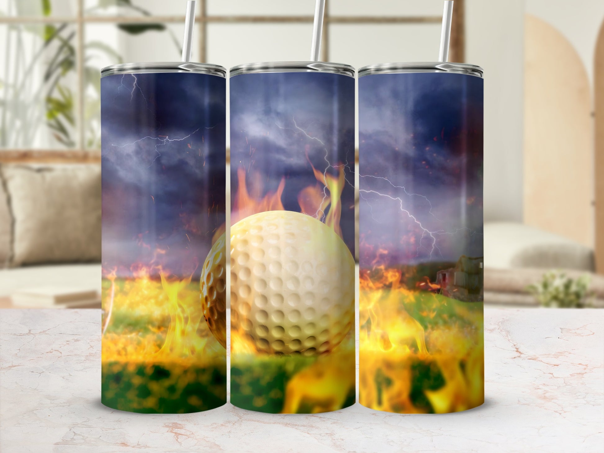 Golf Ball and Flames Design Tumbler Product