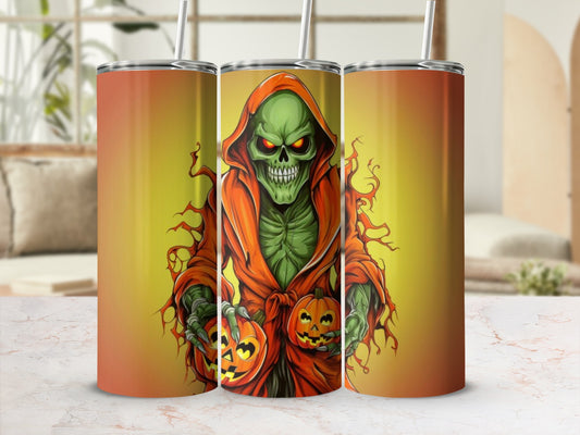 Grim reaper with jack-o'-lanterns on a Halloween-themed tumbler.