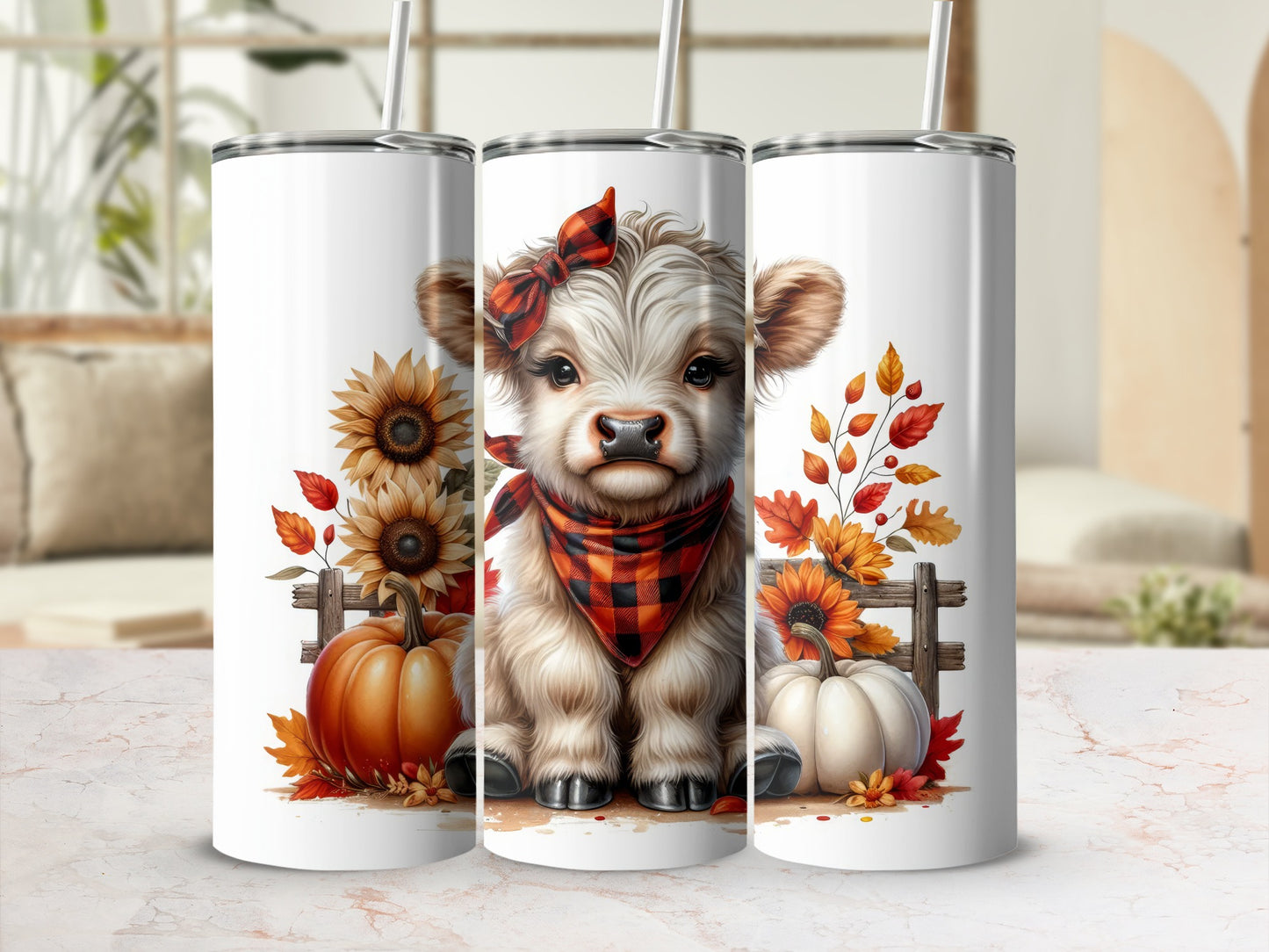 Cute calf with sunflowers and pumpkins wearing a plaid bandana.