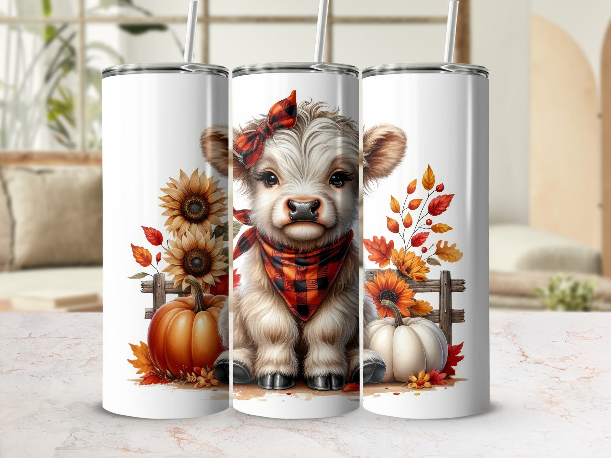 Cute calf with sunflowers and pumpkins wearing a plaid bandana.