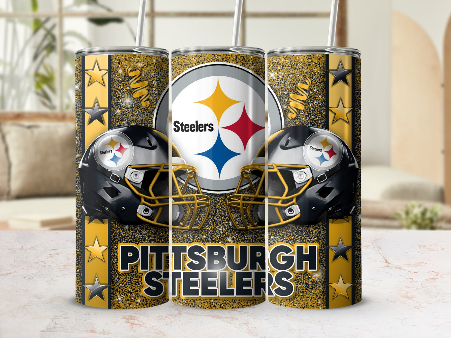 Pittsburgh Steelers Helmets Logo with Gold Glitter Tumblers