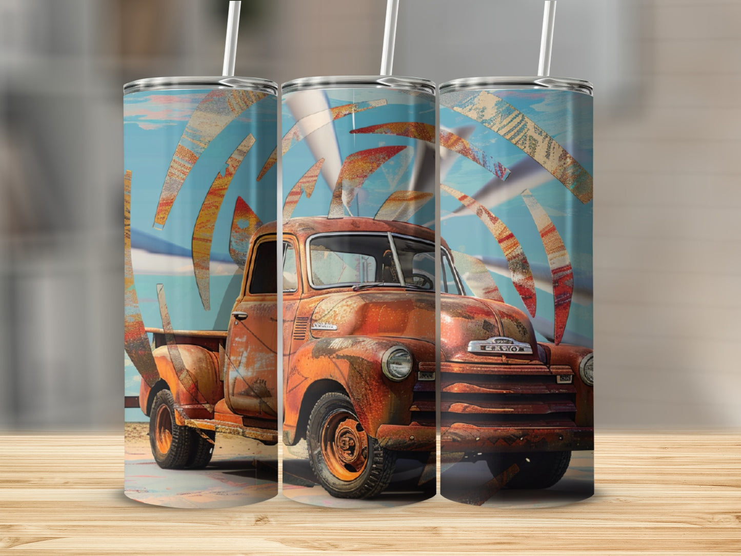 Rusty vintage truck with abstract wave pattern on a blue background.