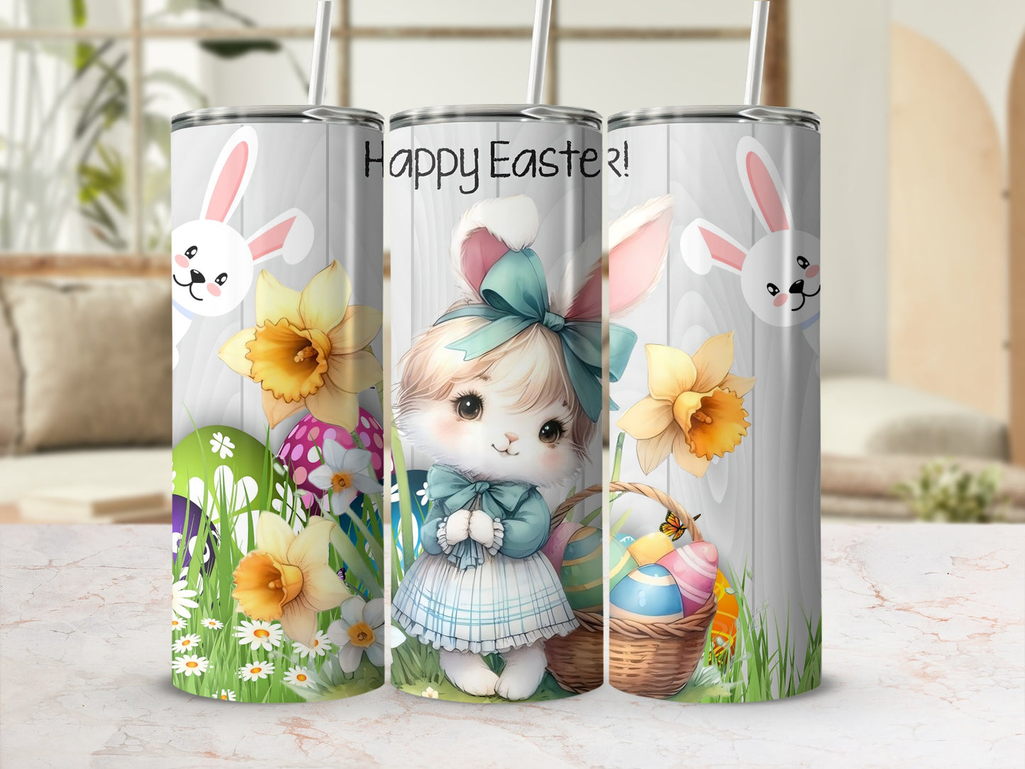 Happy Easter Cute Bunny and Daffodils Tumbler