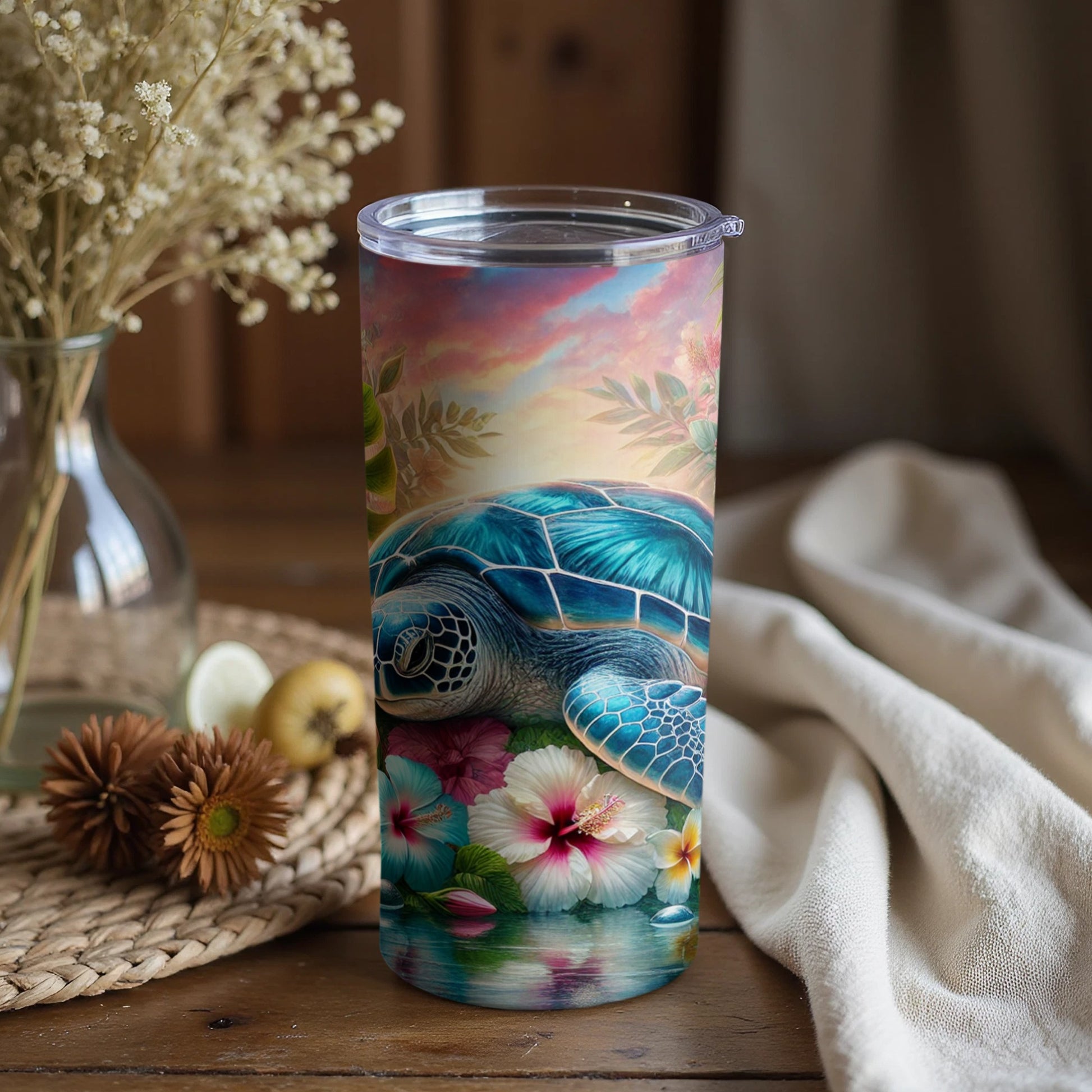 Sea Turtle and Tropical Flowers Vibrant Tumbler