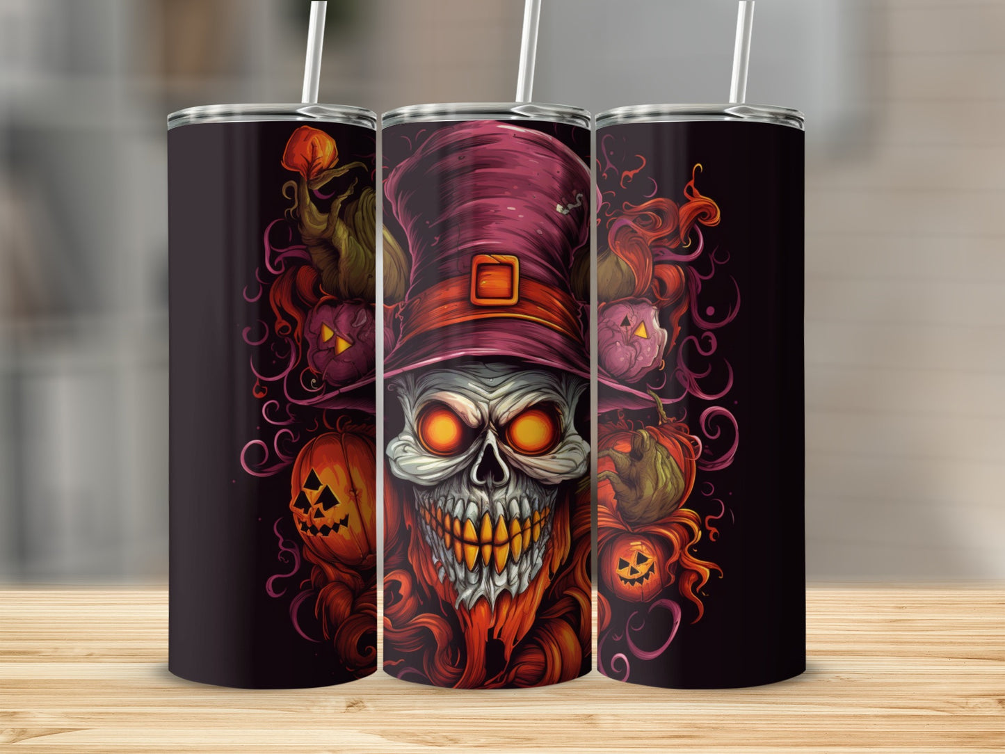 Spooky Halloween Skull with Pumpkins Tumbler Cup