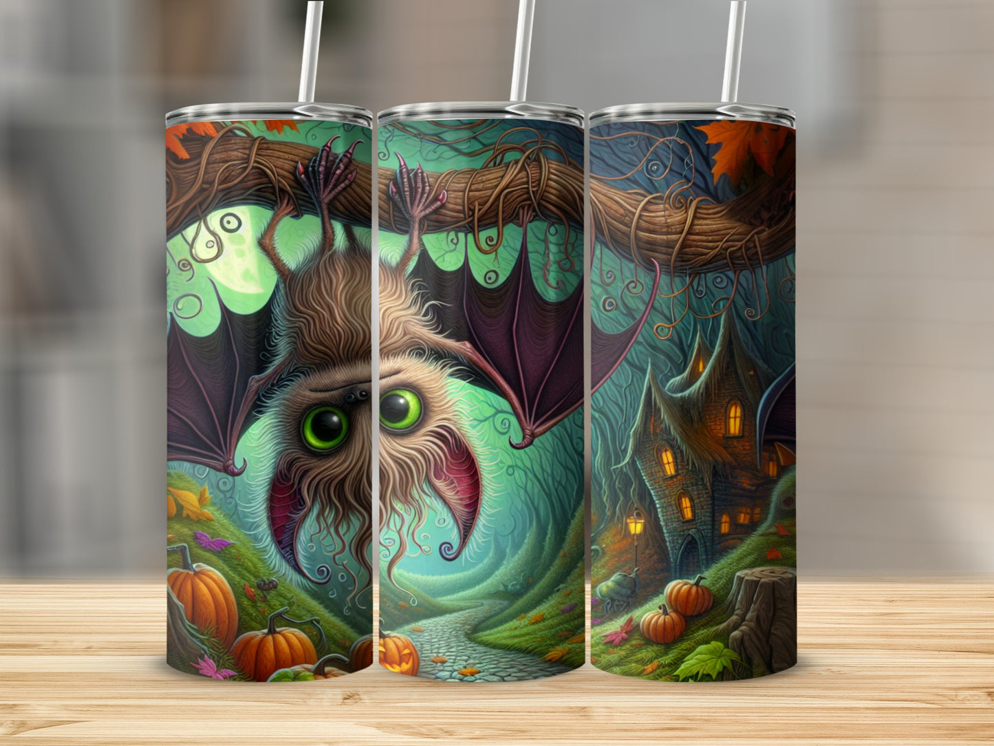 Halloween tumbler with a bat, pumpkins, and haunted house on a grassy path.