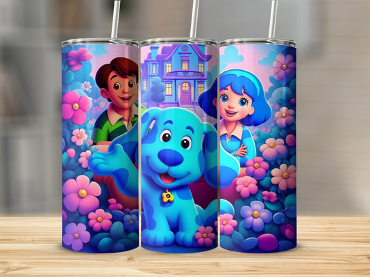 Cartoon Dog and Friends Design on Floral Scene Tumbler