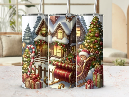 Festive Christmas Scene with Teddy Bear Insulated Tumbler