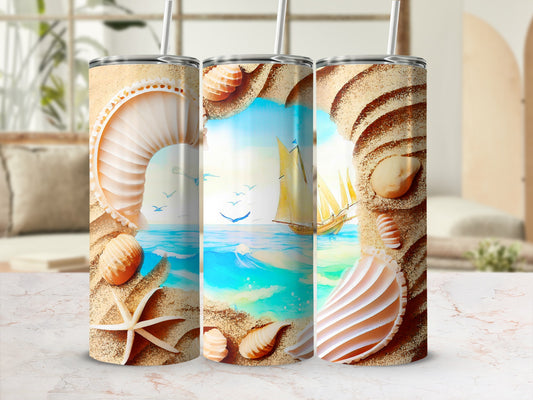 Three tumblers with beach and seashell designs, one featuring a sailboat.