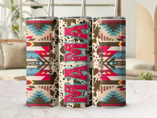 Aztec pattern tumbler with "Mama" in distressed red letters.