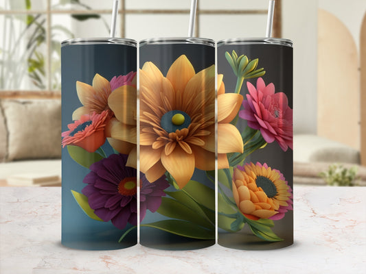 Floral pattern on three dark tumblers with lids and straws.
