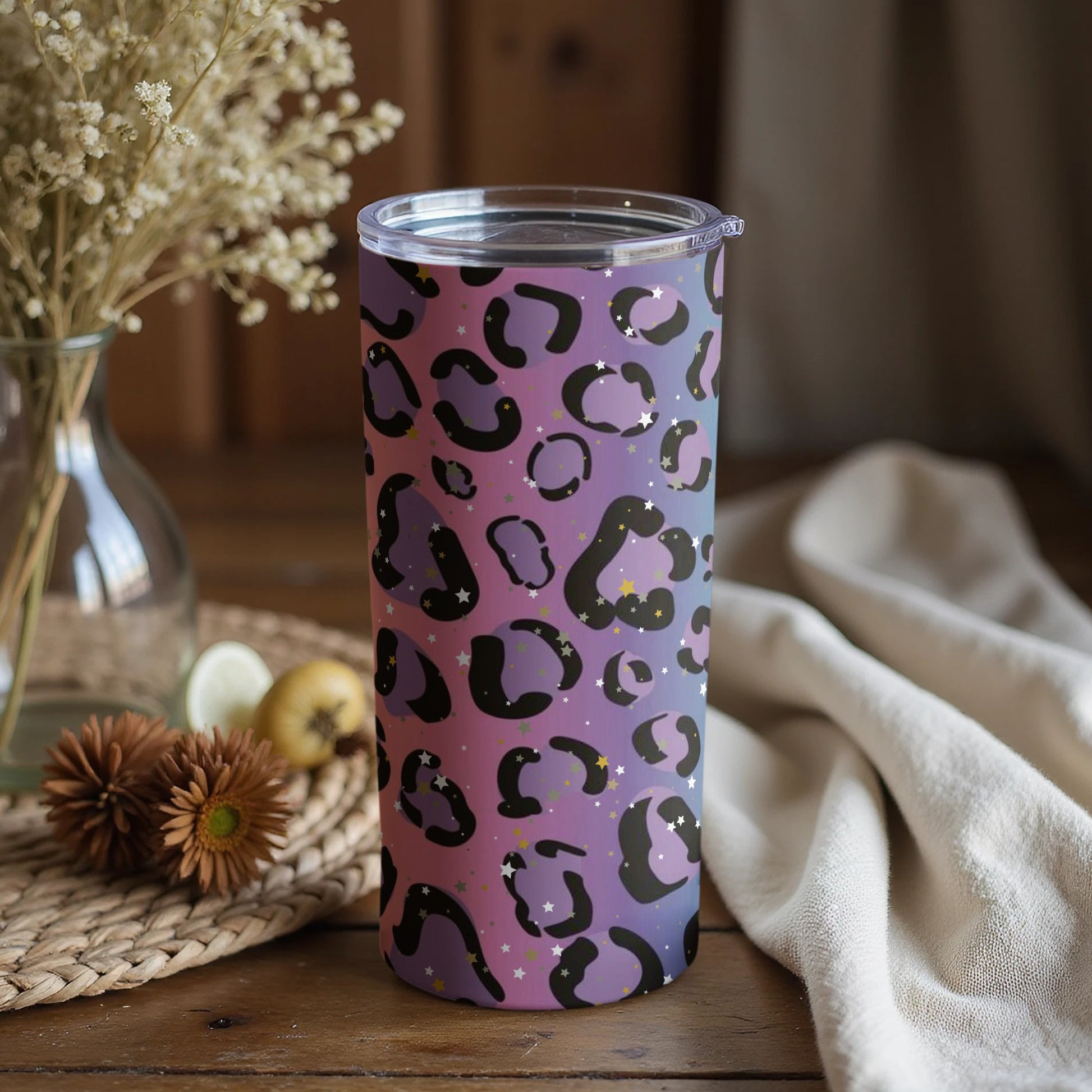 Leopard Print Purple and Black Tumbler with Stars