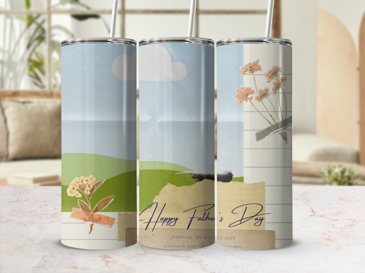 Tumblers with floral designs and "Happy Father's Day" text.
