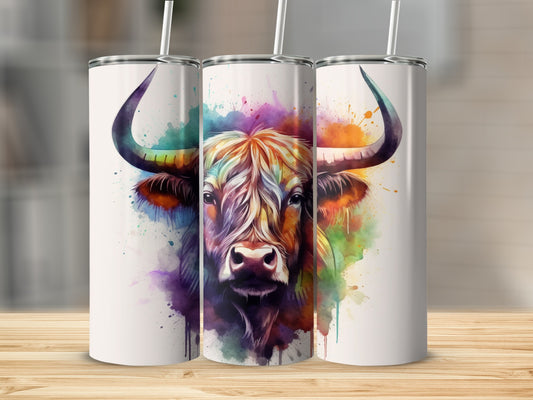Watercolor highland cow portrait on a white tumbler.