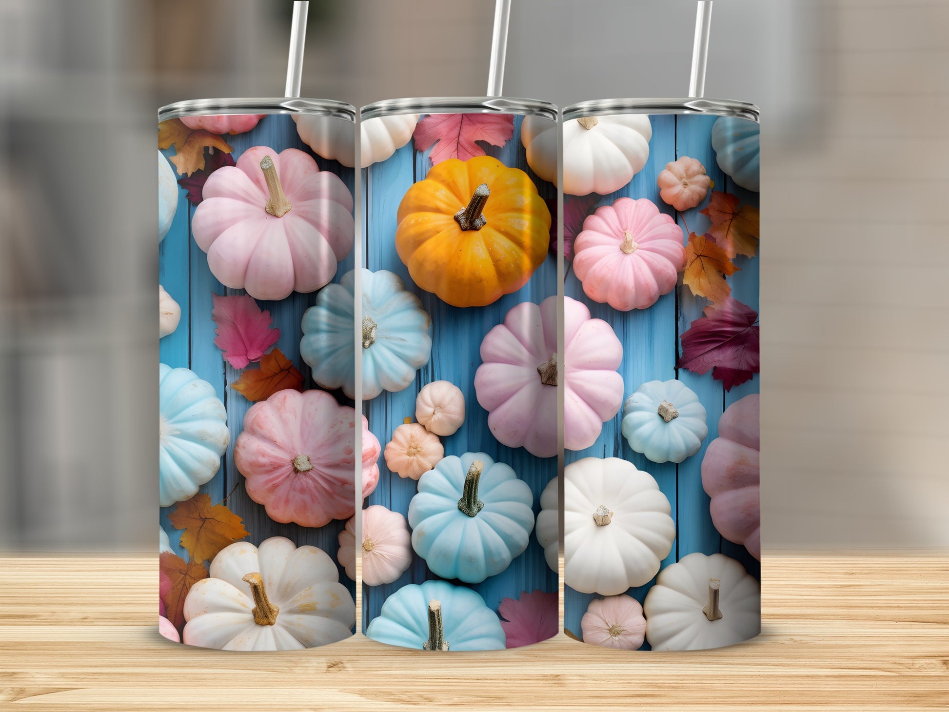 Colorful Pumpkin Autumn Design Tumbler with Straw