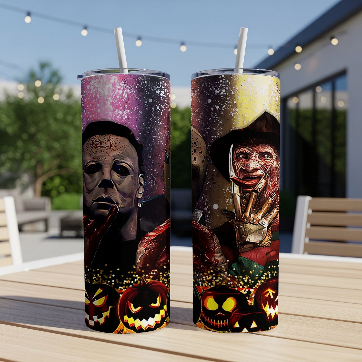 Two tumblers featuring Michael Myers, Freddy Krueger, and Halloween pumpkins.