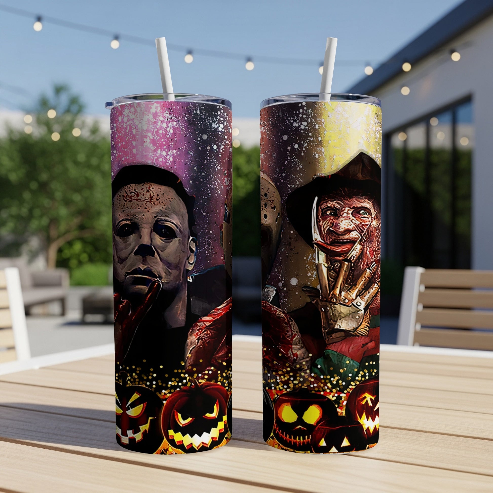 Two tumblers featuring Michael Myers, Freddy Krueger, and Halloween pumpkins.