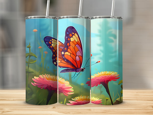 Three tumblers featuring a butterfly and pink flowers, with a blurred green background.