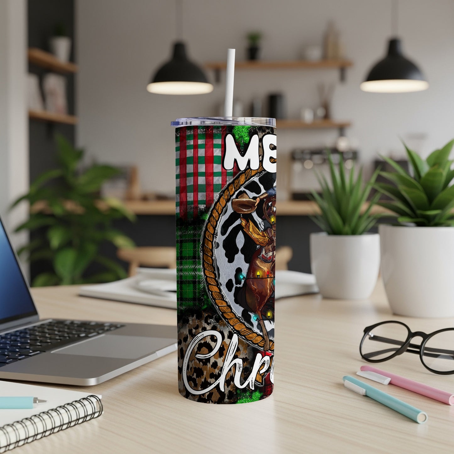 Cowboy Christmas tumbler with plaid, leopard print, and holiday text.