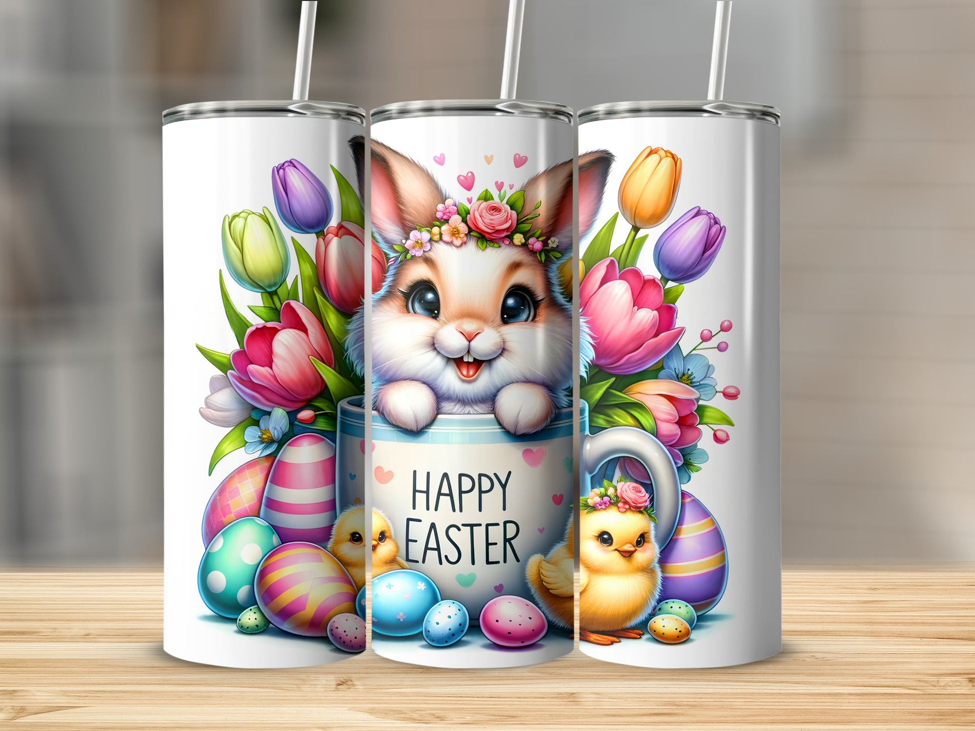 Easter bunny in mug surrounded by tulips, eggs, and chicks, with "Happy Easter" text.